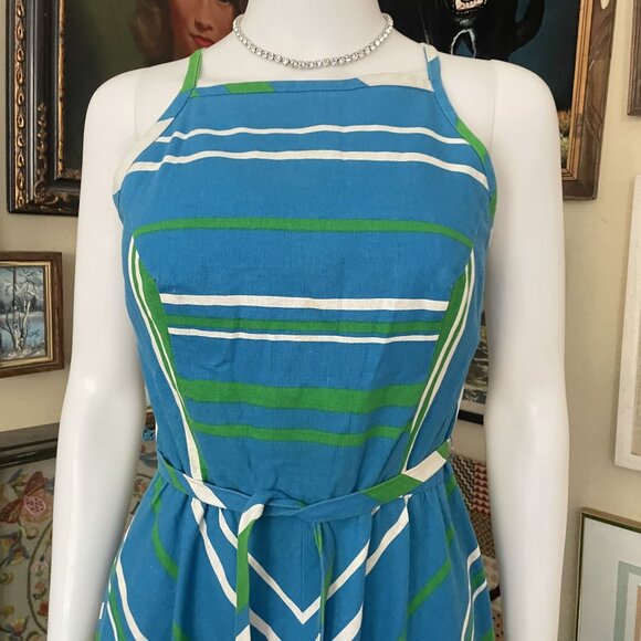 Vintage 1970s Malia Blue & Green Striped Cotton Maxi Dress with Built In Bra S - Picture 2 of 8